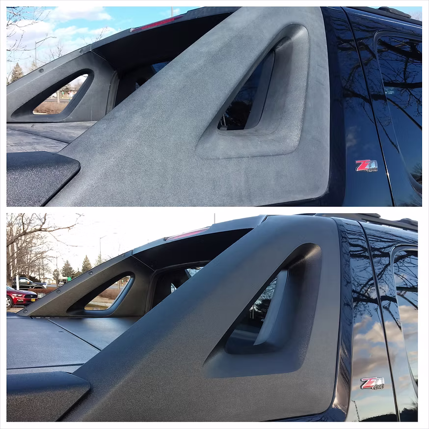 Truck window trim before and after black restoration detailing
