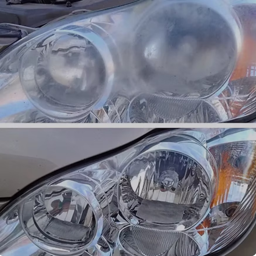Before and after headlight restoration comparison showing cloudy versus clear headlights