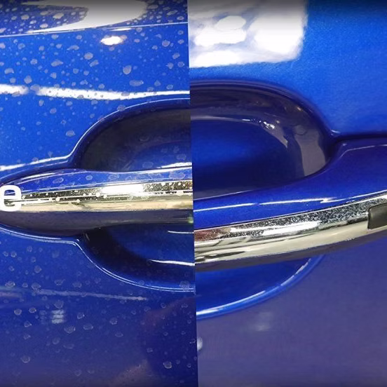 Blue car door handle showing water spots before and after removal