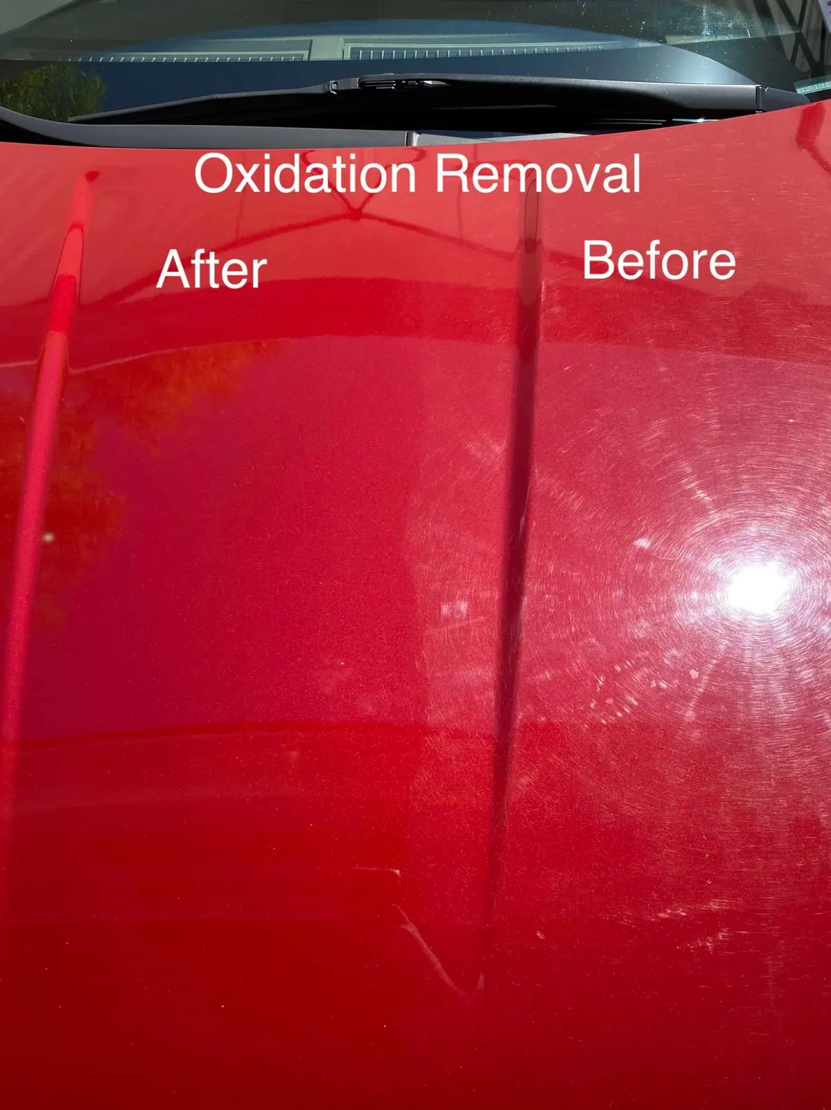 Red car hood showing oxidation removal results before and after